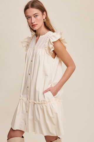 Cream Button Down Dress With Ruffle Sleeves