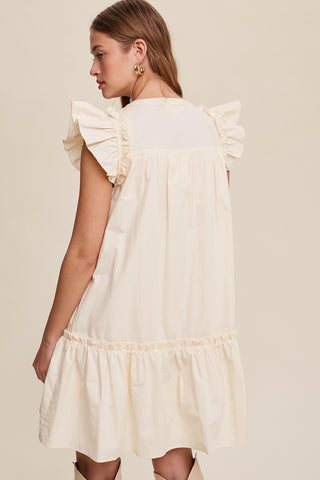 Cream Button Down Dress With Ruffle Sleeves