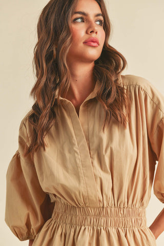 Taupe Elastic Band Waist Shift Dress