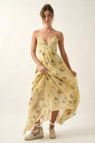 Sunshine Floral Swiss Dot Chiffon Handkerchief Maxi Dress