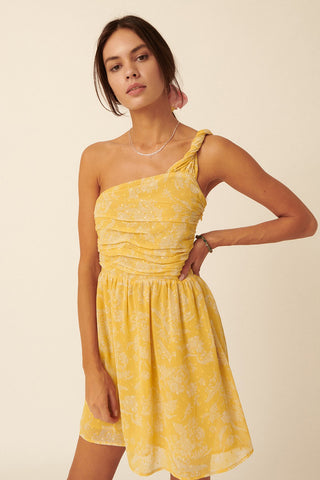 Yellow Floral Swiss Dot Chiffon One Shoulder Mini Dress