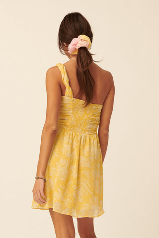 Yellow Floral Swiss Dot Chiffon One Shoulder Mini Dress