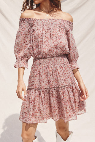 Mauve Floral Off-The-Shoulder Smocked Dress