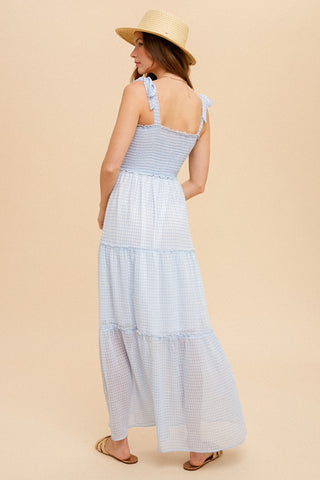 Blue Tie Shoulder Smock Tiered Check Chiffon Dress