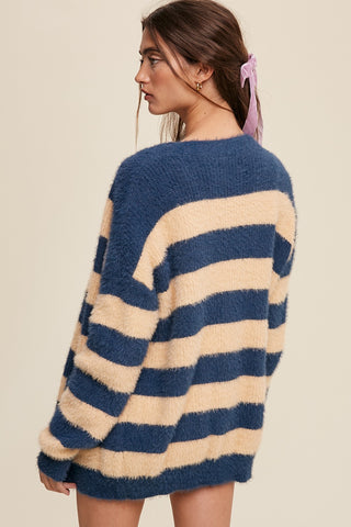 Navy Blue Striped Fuzzy Cardigan