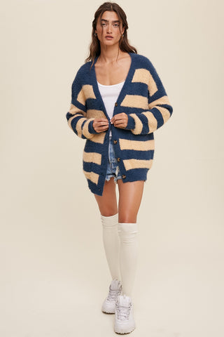 Navy Blue Striped Fuzzy Cardigan