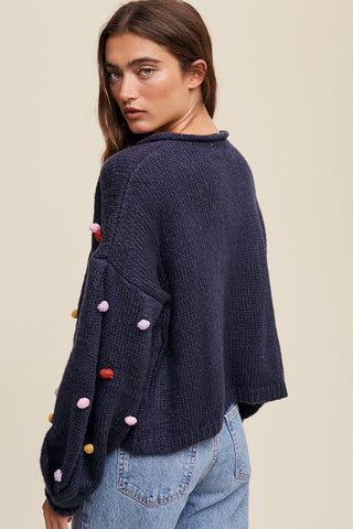 Navy PomPom Cardigan