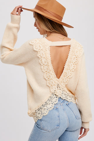 Cream Back Cutout Lace Accent Sweater