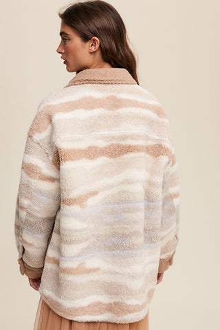 Beige Striped Fuzzy Knit Teddy Jacket