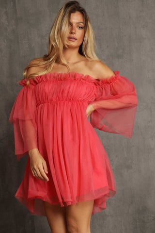 Coral Off Shoulder Tulle Dress