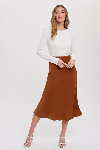 Camel Satin Midi Skirt