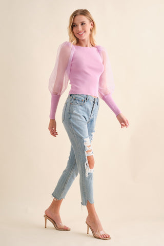 Pink Rib Knitted Organza Puff Sweater Top