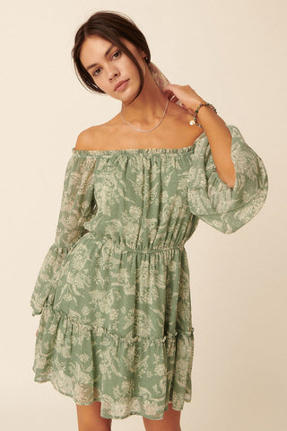 Green Floral Swiss Dot Chiffon Tier Mini Peasant Dress