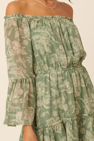 Green Floral Swiss Dot Chiffon Tier Mini Peasant Dress