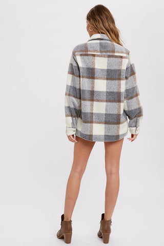 Grey Plaid Fleece Shirt Jacket