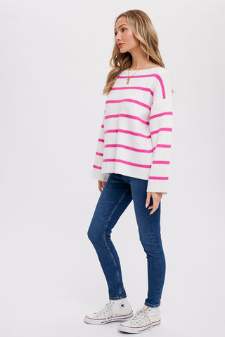 Pink Striped Boat Neck Sweater