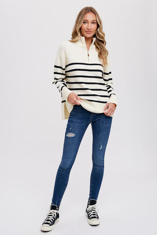 Ivory Striped Half Zip Sweater