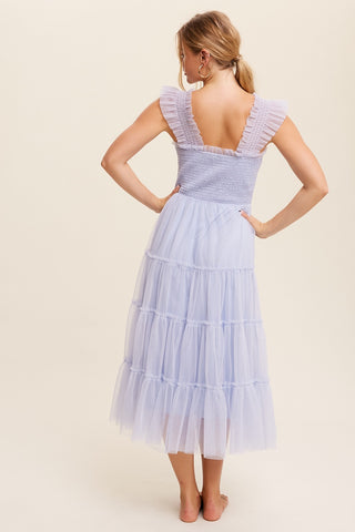 Light Blue Smocked Ruffle Tiered Mesh Midi Dress