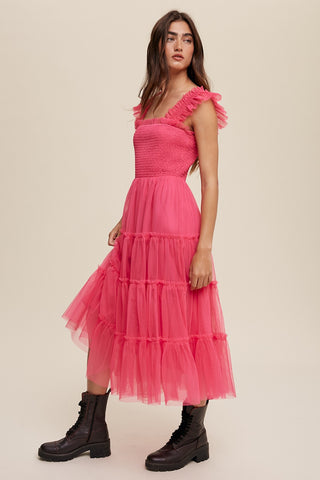 Hot Pink Smocked Ruffle Tiered Mesh Midi Dress