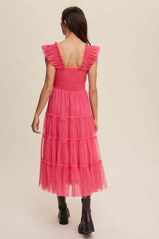 Hot Pink Smocked Ruffle Tiered Mesh Midi Dress