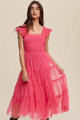 Hot Pink Smocked Ruffle Tiered Mesh Midi Dress