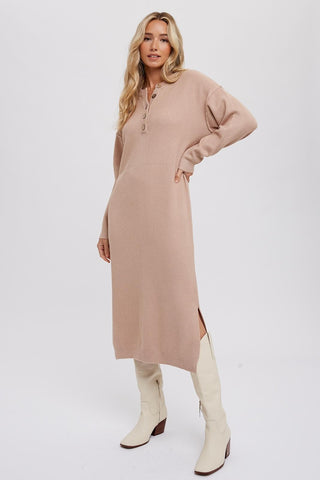 Taupe Waffle Knit Button Long Sleeve Midi Dress