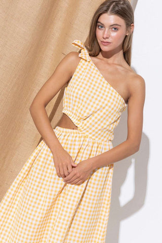 Yellow Plaid Sleeveless Midi Skirt Dress