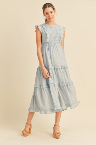 Baby Blue Smocked Ruffled Midi Dress