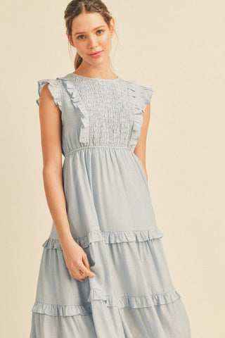 Baby Blue Smocked Ruffled Midi Dress