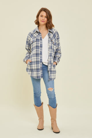 Navy Blue Flannel Plaid Button Up Shacket