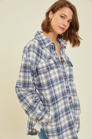 Navy Blue Flannel Plaid Button Up Shacket