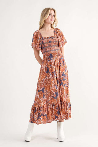 Navy Floral Maxi Dress With Square Neck