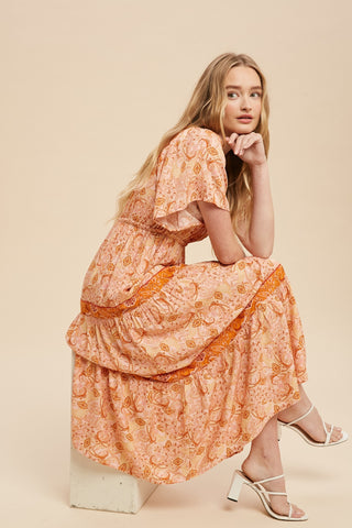 Rust Border Print Tiered Midi Dress