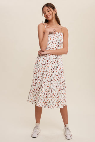 Orange Floral Print Square Neck A-Line Skirt Midi Dress