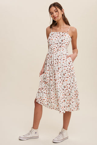 Orange Floral Print Square Neck A-Line Skirt Midi Dress