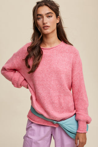 Pink Soft Knit Rolled Hem Sweater