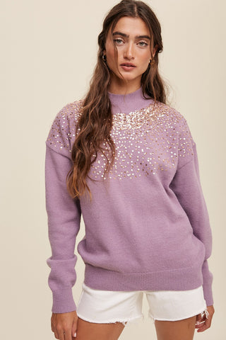 Purple Sequin Knit Mock Neck Sweater