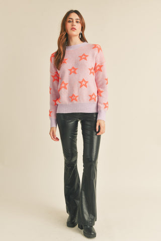 Lilac Orange Crew Neck Sweater With Fuzzy Stars