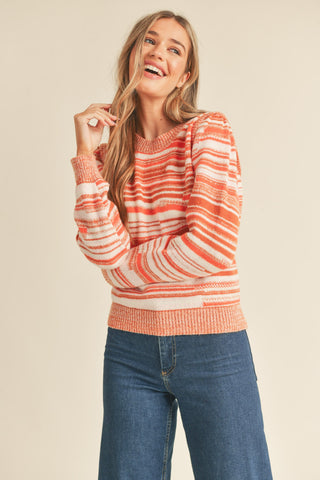 Clay Ivory Puff Shoulder Striped Sweater