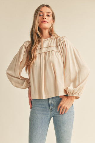 Cream Pintuck Yoke Top With Long Puff Sleeves