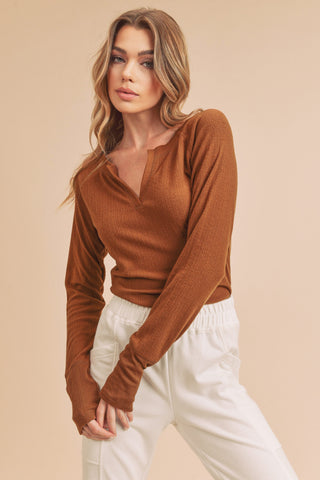 Camel Long Sleeve V-Neck Top