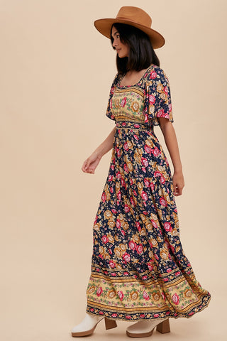 Navy Floral Border Print Square Neck Maxi Dress