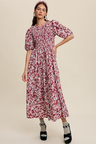 Magenta Flower Print Smocked Poplin Maxi Dress