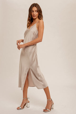 Champagne Lace Trim V Neck Satin Midi Slip Dress