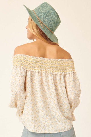 Yellow Floral Smocked Off Shoulder Relaxed Top