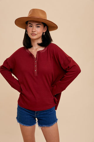 Burgundy Waffle Knit Henley Top