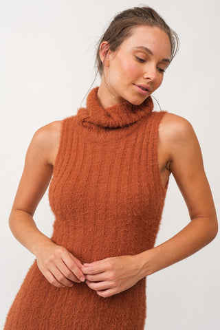 Camel Fuzzy Knit Sleeveless Turtle Neck Midi Dress