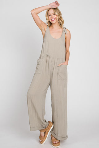 Pale Olive Wide Leg Roll-Up Jumpsuit