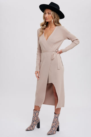 Sand Ribbed Wrap Sweater Dress