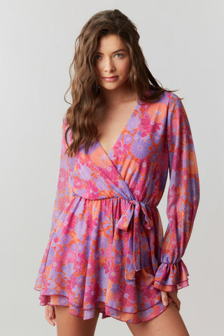 Fuchsia Multi Floral Chiffon Surplice Romper